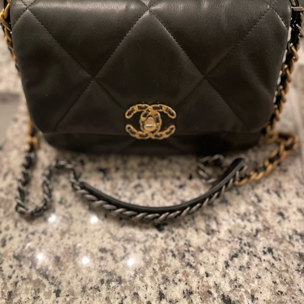 Authentic Medium Chanel 19 lambskin handbag with silver and gold hardware
